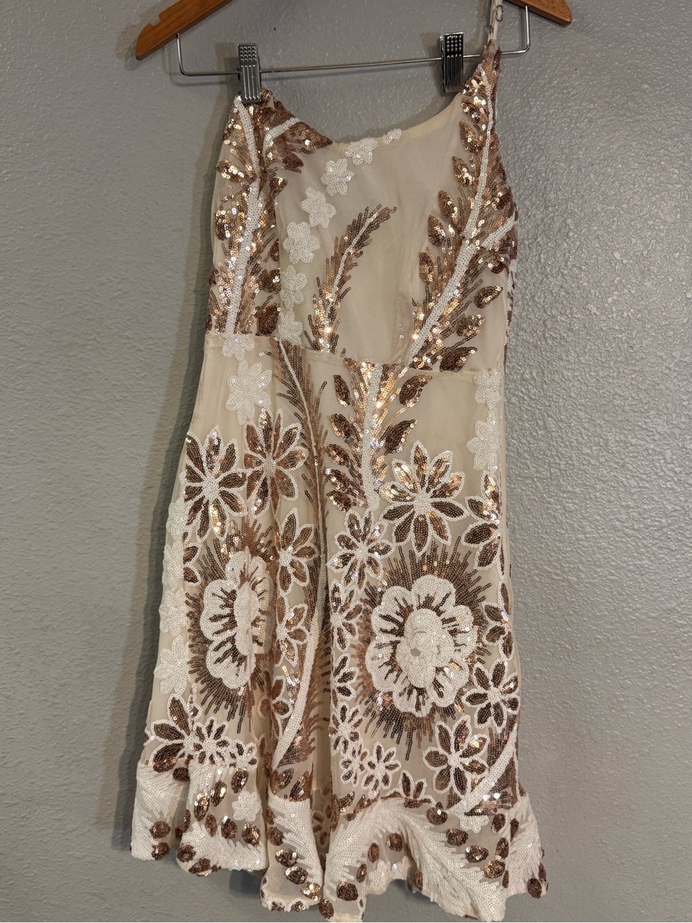 Cream Mini Dress with Rose Gold Sequin Floral Embroidery